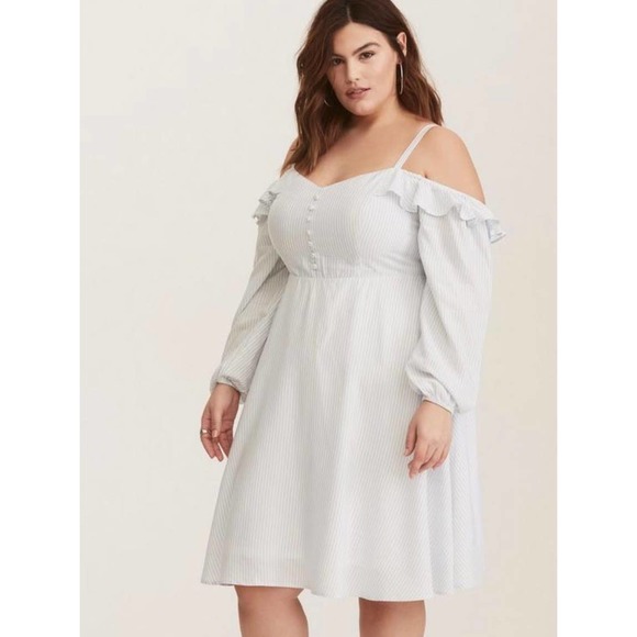 Torrid Blue White Striped Cold Shoulder Challis Dress - Picture 1 of 15